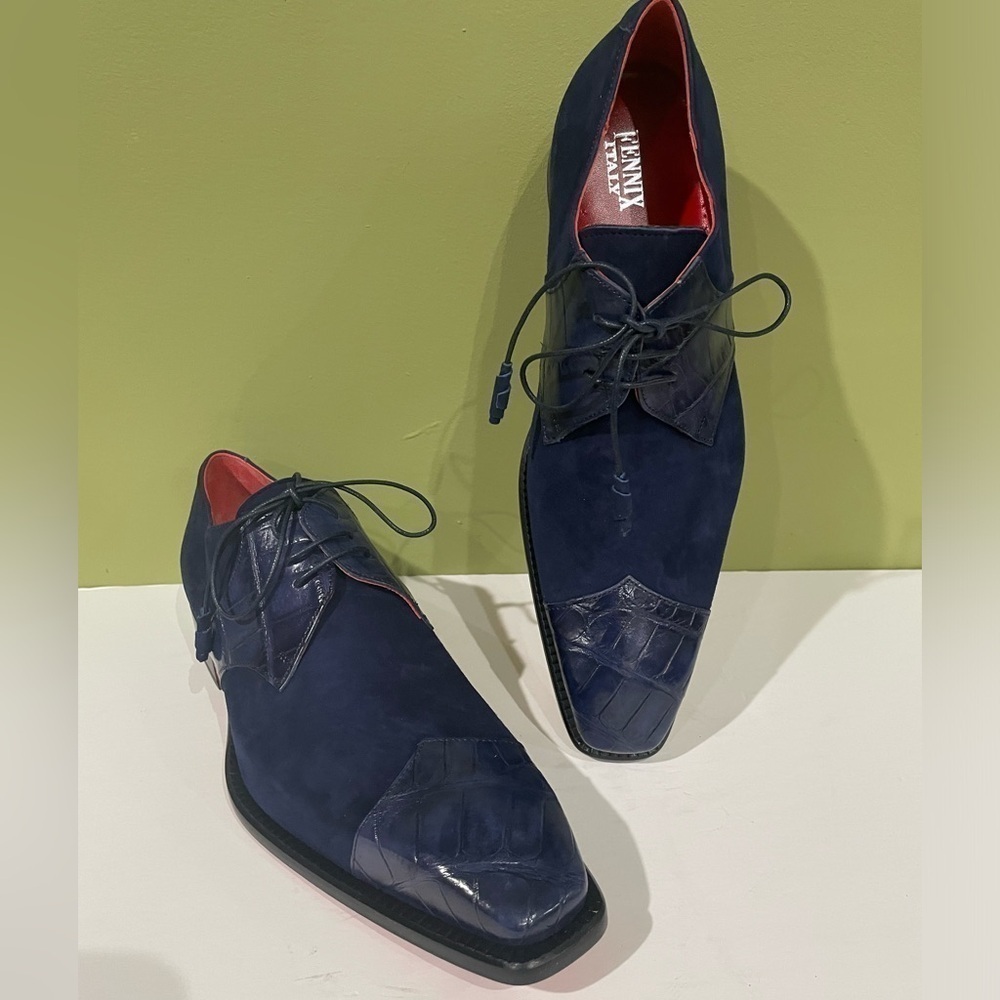 Fennix Italy shoes navy suede alligator cap toe Oxford dressy